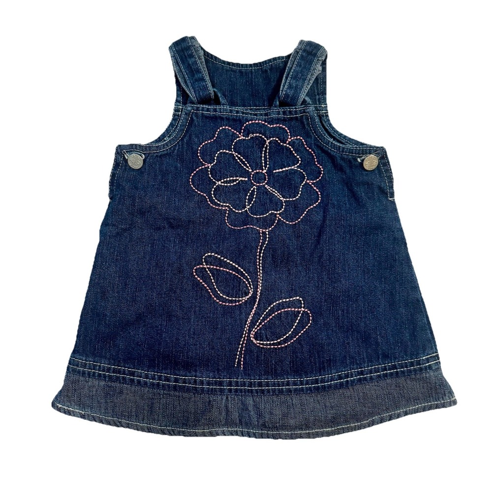 Faded Glory Denim Overall Dress 12M Pink Flower Embroidery Jumper Baby Girl